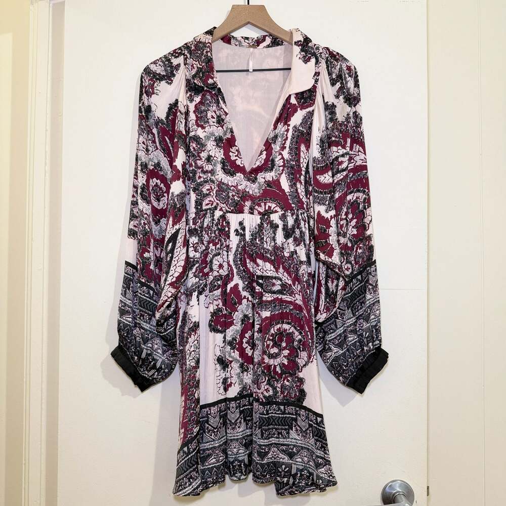 Free People Boho Paisley L Mini Dress Flowy Babydoll V-Neck Festival Cottagecore
